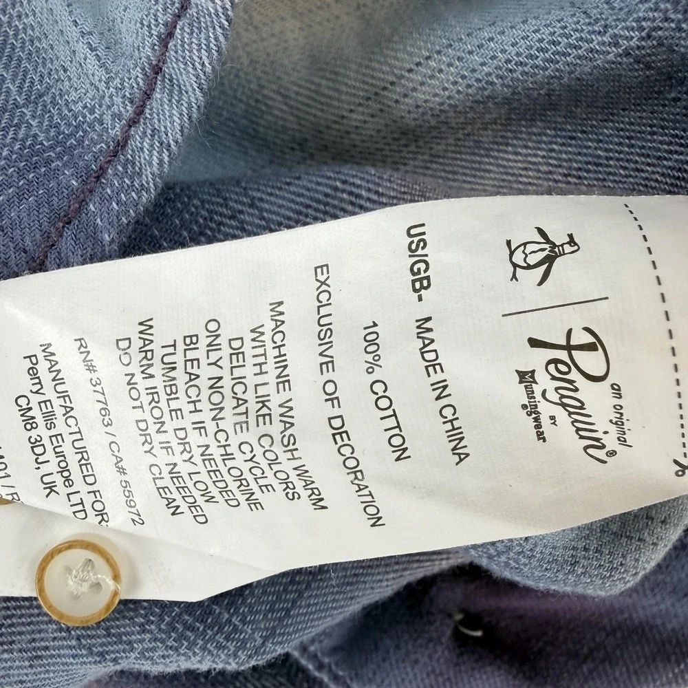 Original‎ Penguin Shirt Mens 2XL Blue Plaid Long Sleeve Button Up Slim Flannel